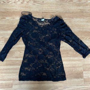 Black Sheer Lace Long Sleeve Top